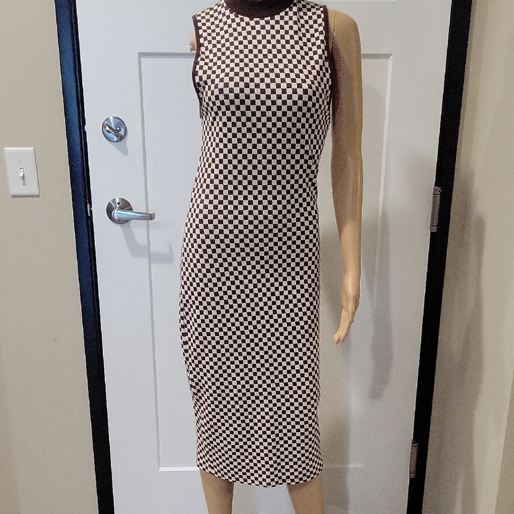 Zara Sleeveless Checkerboard Knit Midi Dress in Brown and Cream